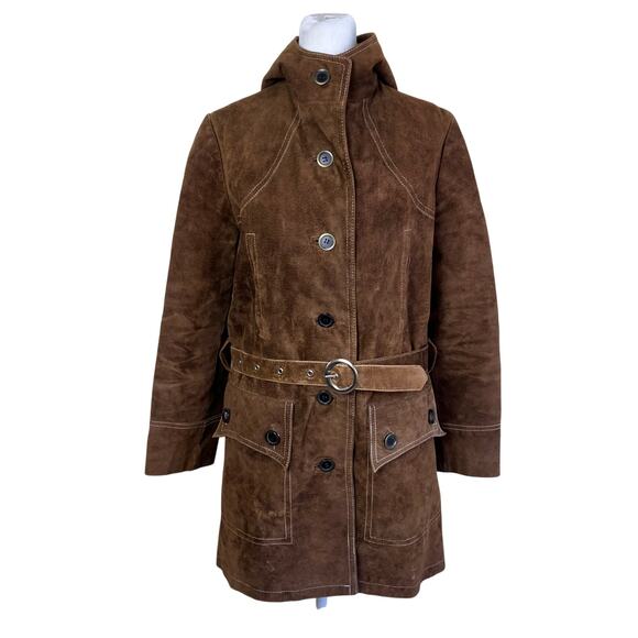 Vintage Retro 70s 80s Suede Jacket Hip Length Hooded Belted Brown Fitted XS - Picture 1 of 16